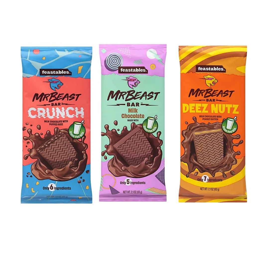 Mr. Beast Feastable Candy Bars - 3 pack - Milk Chocolate, Chocolate Crunch and Deez Nuts
